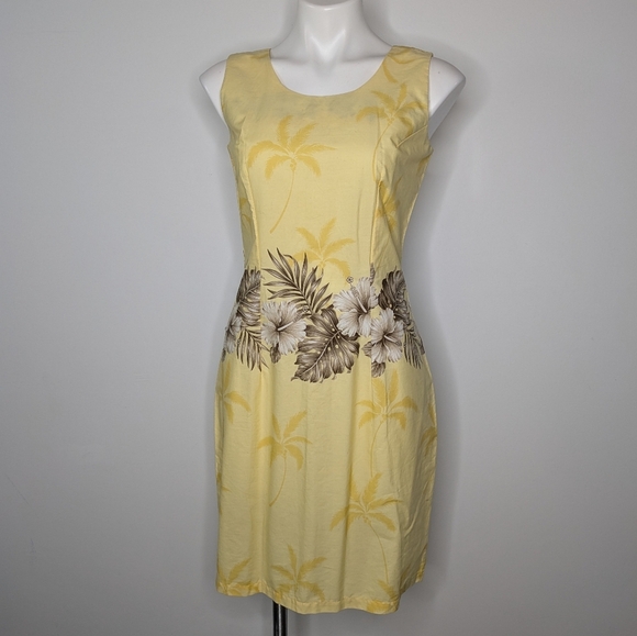 Vintage KY's Yellow Tan Hawaiian Floral Hibiscus Sleeveless Cotton Dress M - Picture 1 of 6